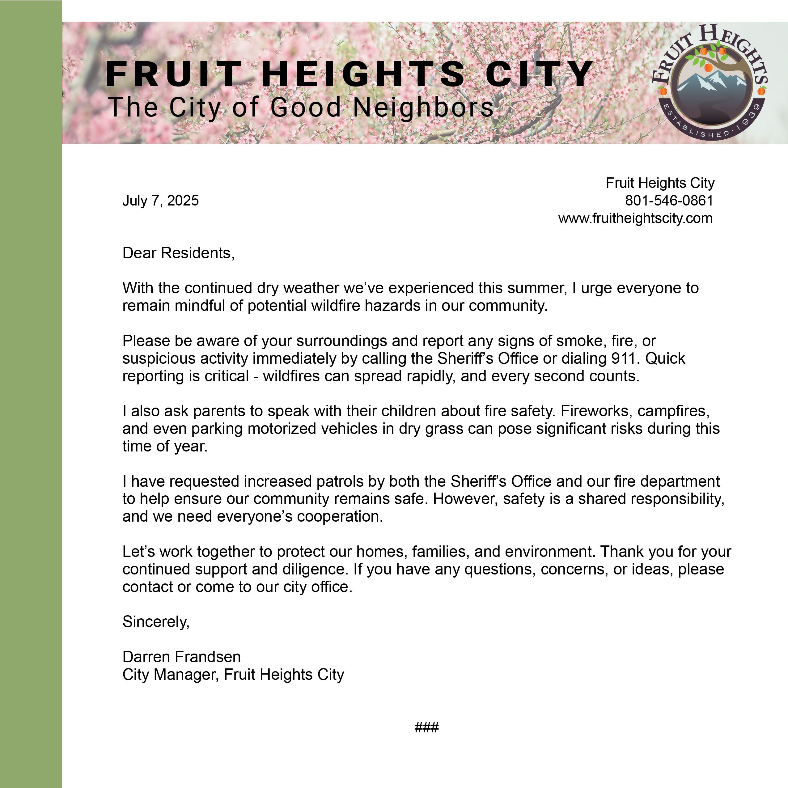 letter from city manager regarding fire risk2025